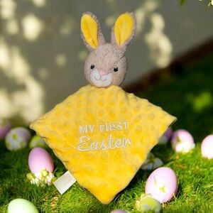 MTY My First Easter Bunny Rabbit  Minky Dot Lovey Rattle Security Blanket Yellow